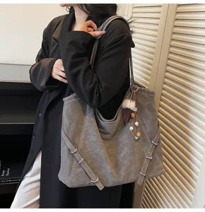 Classic grey PU leather tote bag for women, vintage style slouchy shoulder bag with straps.