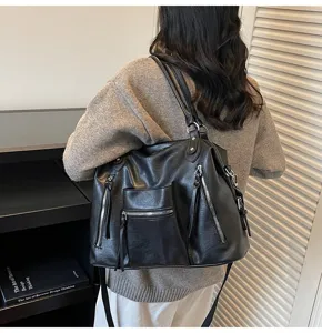 Zwarte PU leer grote capaciteit multi-zak vintage stijl tote schoudertas detailweergave