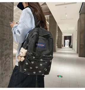 Corduroy denim star backpack large capacity casual school bag for teenage girls students