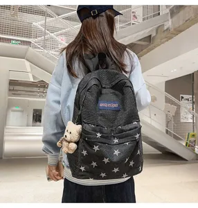 Large capacity student school bag, stylish denim corduroy star pattern daily backpack for girls
