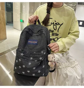 Large capacity denim student backpack with star pattern and contrast stripes for daily use