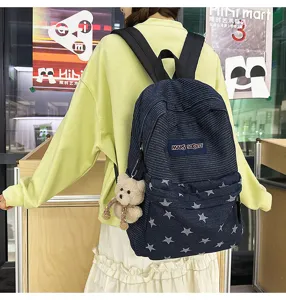 Denim Star Pattern Student Backpack Large Capacity Casual School Bag for Teen Girls