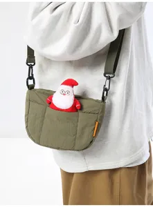 Gruene Gesteppte Umhaengetasche mit Pluesch Santa, Laessige Damen Kurier Tasche Alltagskleidung