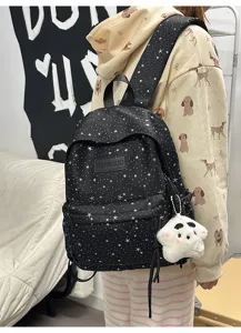 Sac à dos scolaire noir à motif d'étoiles pour étudiants, grande capacité, sac quotidien mignon.