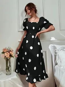 Elegant black white polka dot square neck ruffle short sleeve midi dress for women chic outfit.