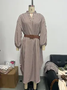 Women Long Sleeve Striped V-Neck Midi Dress with Belt Autumn Fashion Casual Wear