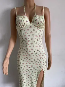 Women Summer Sexy Floral Halter Neck Split Midi Dress Casual Party Slip Dress Yellow