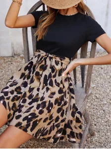Femme Élégante Manches Courtes Imprimé Léopard Patchwork Robe Nœud Été Vêtement