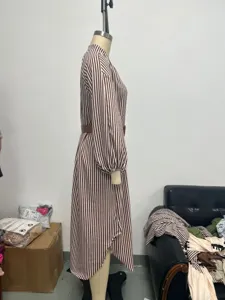 Fashion striped long sleeve V-neck midi shirt dress with belt for autumn women wear