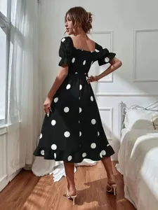 Women stylish black short sleeve dress with large white polka dots square neck sweet ruffles