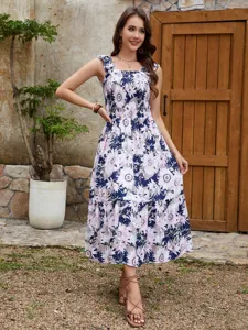 Women floral print sleeveless midi dress casual summer smocked waist bohemian sundress