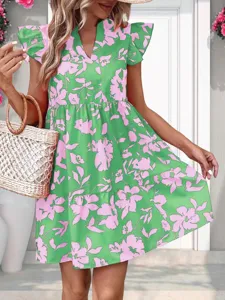 Detailed view of the summer casual V-neck floral tiered dress with cute flutter sleeves.