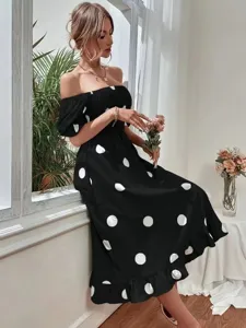 Detailed view of the sweet black polka dot off-shoulder ruffle midi dress for women.