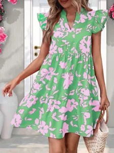 2025 spring summer new fashion women ruffle sleeve loose v-neck floral dress detail