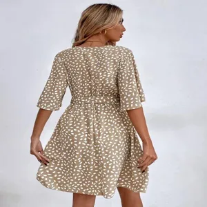 Women v-neck short sleeve belted casual dress back view fashion stylish apparel daily wear