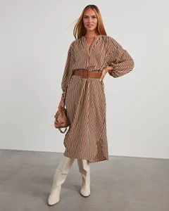 Detailed view of the stylish brown and white striped midi shirt dress with matching belt.