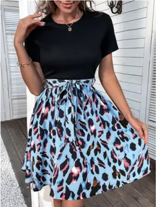 Vue rapprochée de la robe chic bicolore à manches courtes et élégant nœud à la taille.