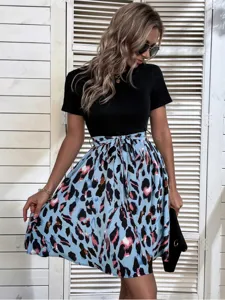 Robe femme manches courtes imprimé léopard colorblock avec nœud papillon à la taille