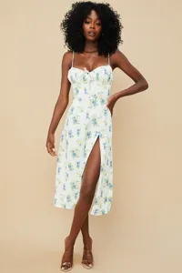 Women Summer Floral Print Camisole Midi Dress Sexy Front Split Sweetheart Neck Sundress