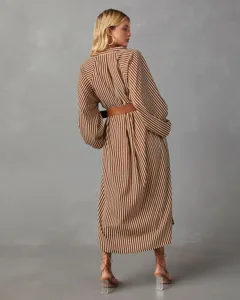 Women's V-Neck Long Sleeve Striped Maxi Shirt Dress with Belt Fall Fashion Casual