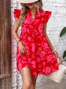 Floral print V-neck ruffle sleeve tiered mini dress for women summer beach casual wear