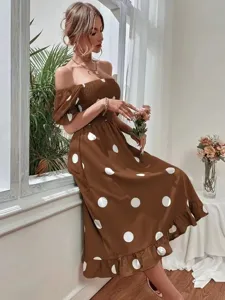 Brown polka dot midi dress detail featuring off-shoulder design, ruffles, and elegant showcase.
