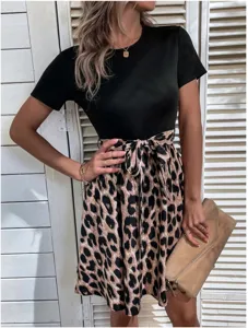 Robe femme manches courtes col rond haut noir imprimé léopard avec ceinture nœud.