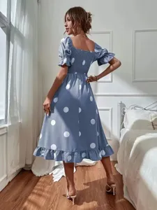 Blue polka dot midi dress with square neck, puff sleeves and ruffled hem for women.