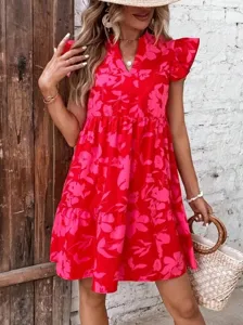 Detailed view of the stylish red floral print ruffle sleeve dress, V-neck, casual style.