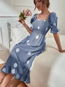 Blue polka dot square neck puff sleeve midi dress, elegant sweet ruffled hem detail.