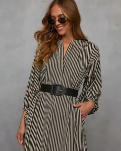 Women's Fashion Striped V-Neck Long Sleeve Shirt Dress with Belt Fall Casual Outfit