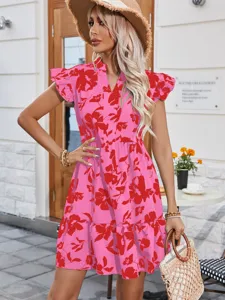 Women summer casual floral print V-neck ruffle sleeve tiered dress fashion apparel