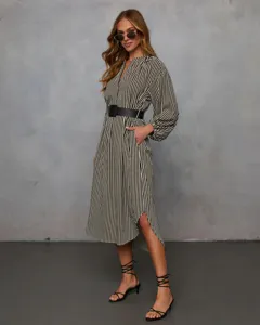 Close-up display of striped shirt dress detail, V-neck long sleeve midi dress with belt.