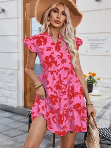 Pink floral short sleeve v-neck ruffle midi dress for women summer casual daily wear
