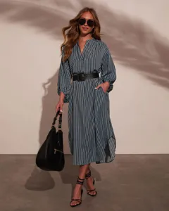 2025 Fall Fashion V-Neck Loose Striped Shirt Dress with Belt for Women Casual Wear