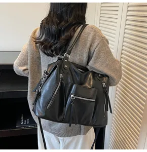 Vintage PU leer grote capaciteit schoudertas casual minimalistische zwarte tas