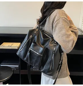 Zwarte PU leer casual tote tas, grote schoudertas voor dagelijks reizen en het werk.