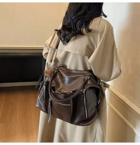 Vintage bruine PU lederen grote tote tas, stijlvolle slouchy schoudertas reisbagage.