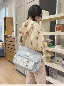 Cute color-blocking canvas messenger bag for school girls, casual crossbody bag with polka dots.