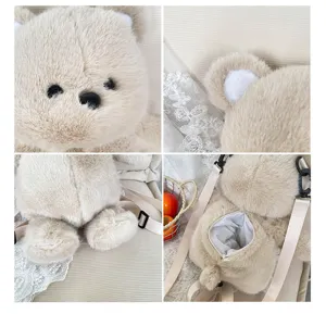 Dettaglio zaino orso peluche morbido, borsa scuola bambini pelliccia sintetica soffice con zip.