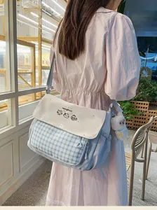 Bolso bandolera de lona a cuadros para estudiantes, lindo bolso mensajero con correa.