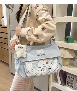 Cute cartoon canvas messenger bag for teen girls school casual shoulder cross body bag