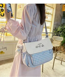 Lindo bolso cruzado de cuadros para estudiantes, bolsa de hombro con gato para escuela y diario.