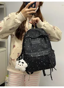 Sac à dos noir avec motif d'étoiles pour étudiants, cartable quotidien avec joli pendentif.
