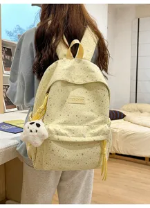Sac a dos d'ecole jaune clair imprime etoiles avec pendentif peluche mignon pour filles.