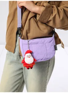 Koreanischer Stil lila Umhängetasche mit Plüschanhänger, schlichtes Karomuster für Alltag.