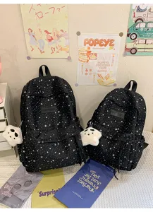 Joli sac à dos scolaire en toile motif étoiles, pendentif peluche, grand sac étudiant quotidien.