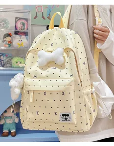 Niedlicher Pünktchen-Schulrucksack aus Segeltuch mit Plüschknochen-Dekor, große Kapazität
