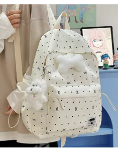 Süßer Pünktchen Rucksack mit flauschigem Hundeanhänger, große Kapazität Schultasche für Mädchen.