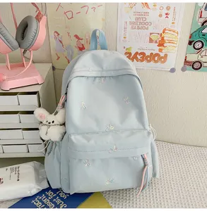 Vista detallada de la mochila azul claro con delicados lazos bordados y colgante de conejito.